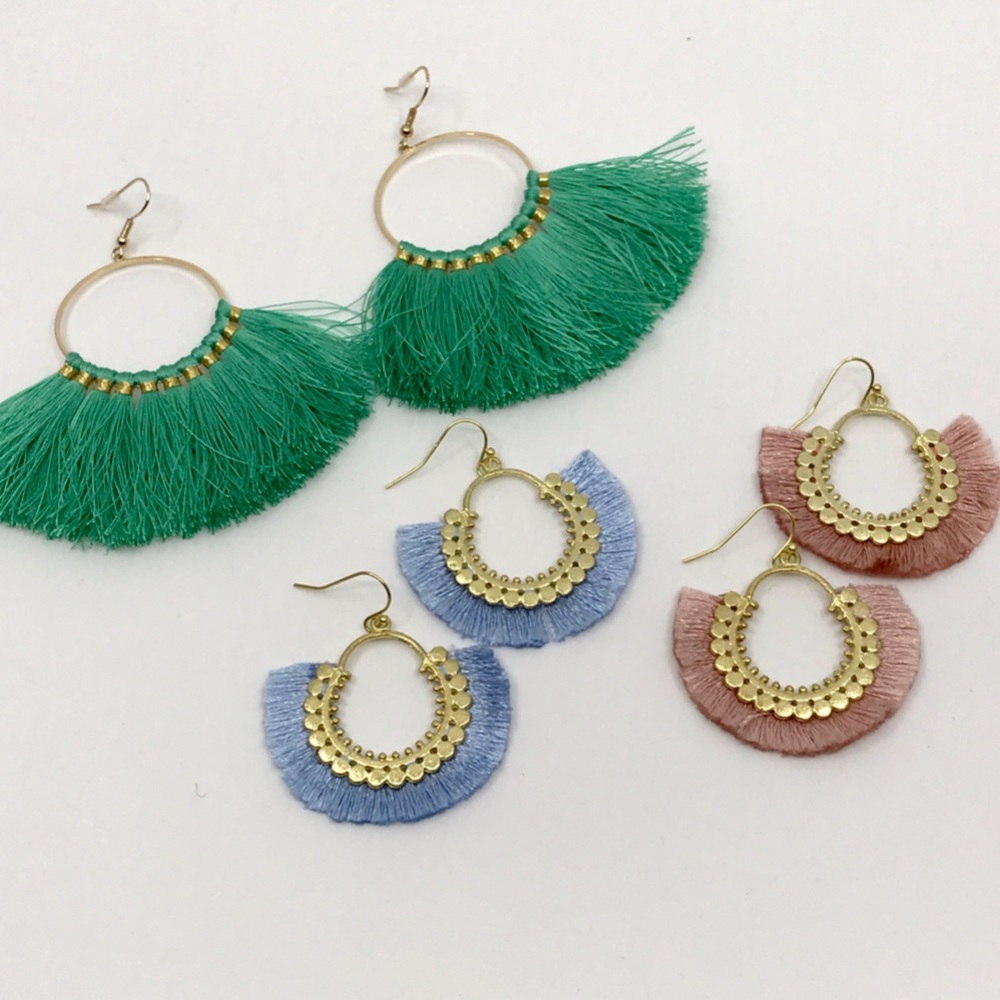 Lamai Fringe Tassel Fan Earrings in Jade Color - Picture 2 of 5